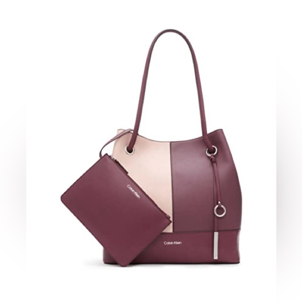 Calvin Klein Large Tan/ White Top Shoulder Hand Bag Leather